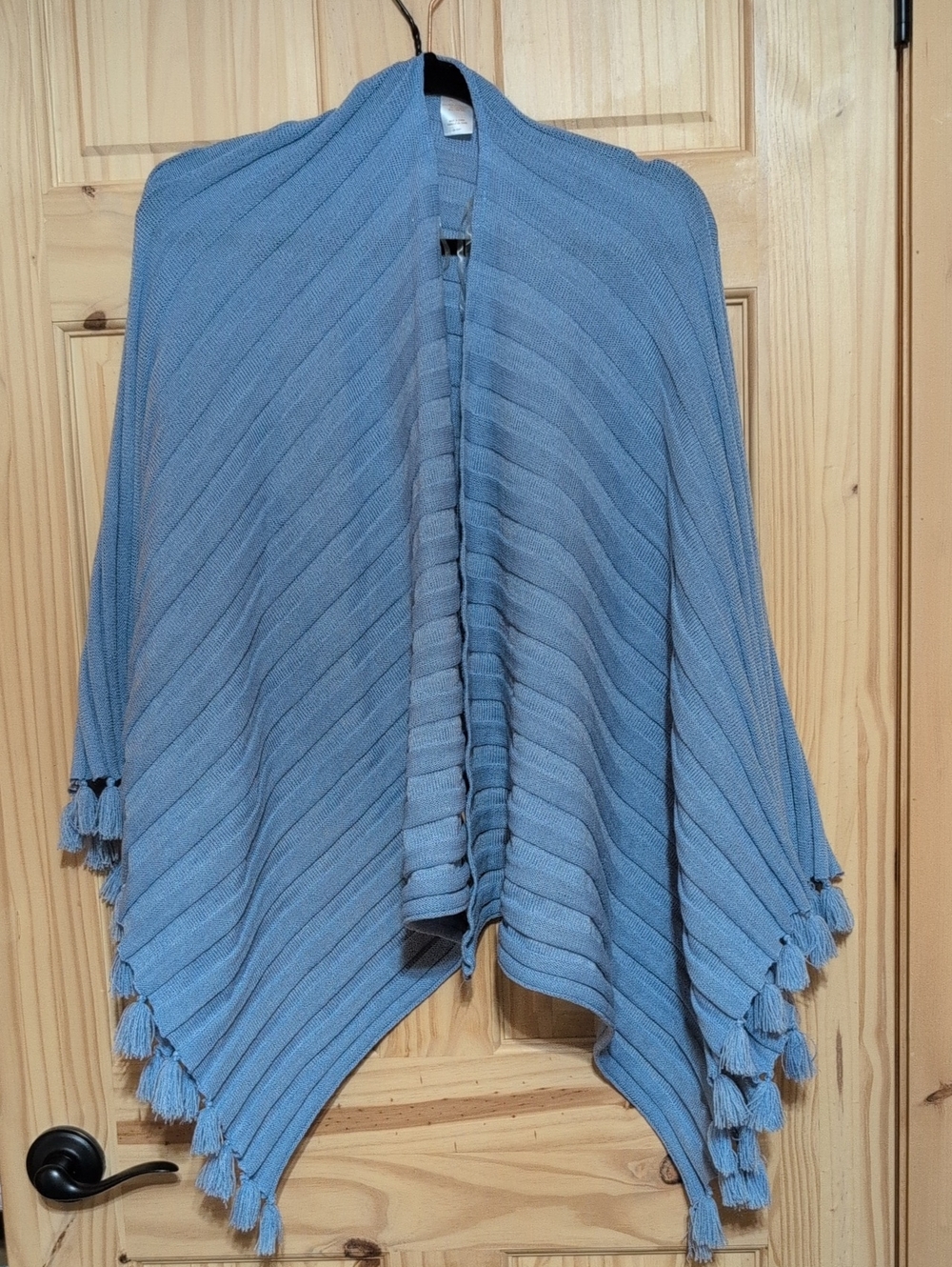 Denver Hayes Light Blue Tassel Knit Poncho